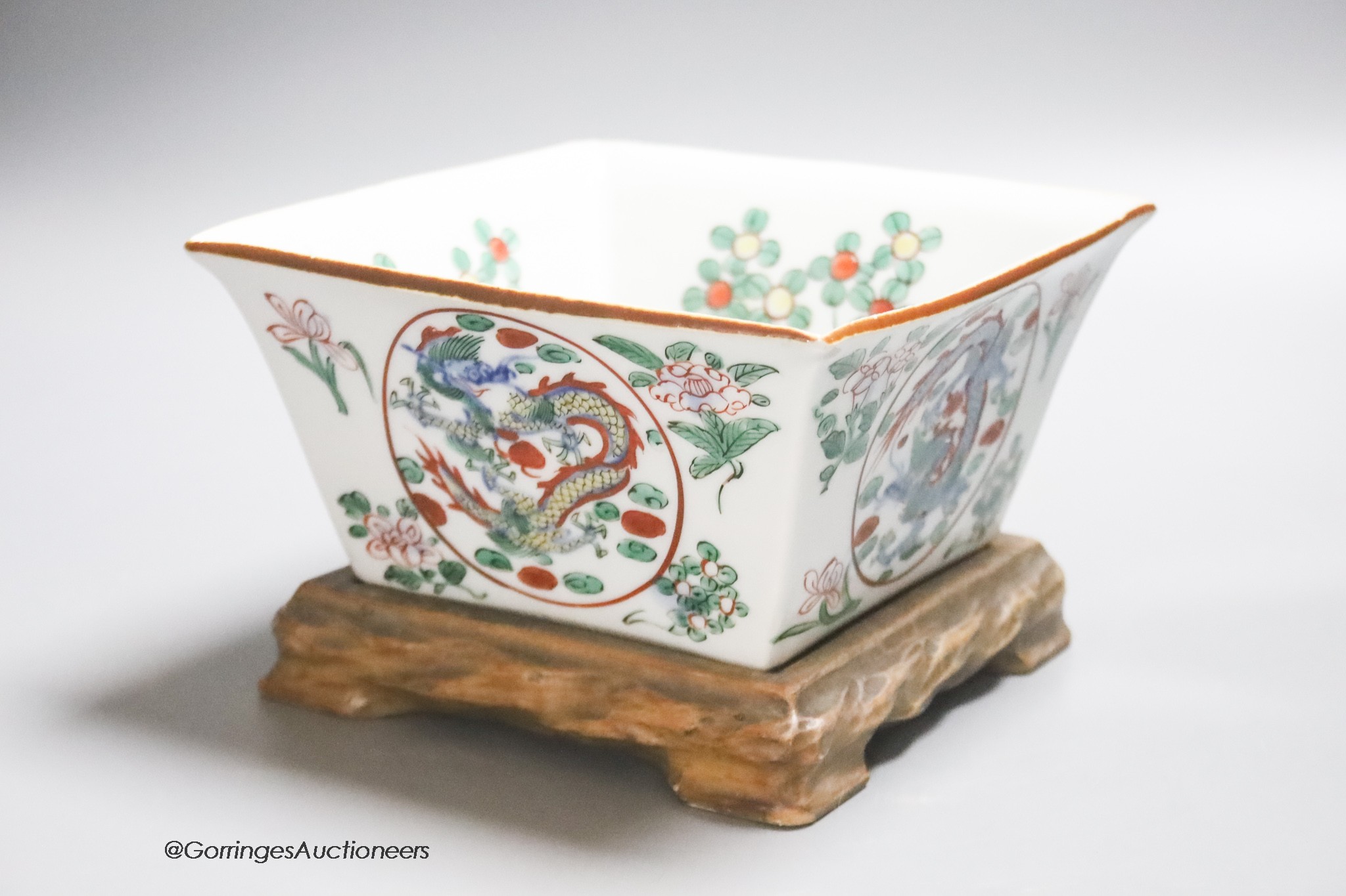 An Oriental enamelled porcelain square 'dragon' bowl, 18cm